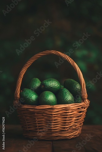 detailed view of basket filled with fresh avocados their vibrant green and dark skins glowing in soft market light photo