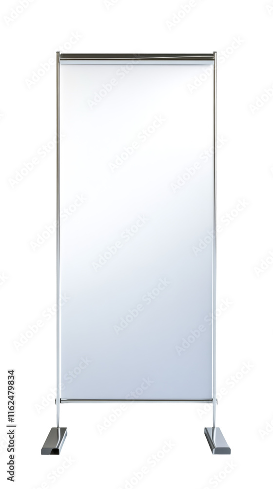 Photorealistic vertical banner display stand in 3D rendering, transparent background, ready for graphic design mockup and presentation
