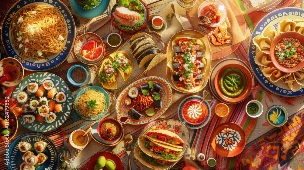 Fototapeta premium Top view of international cuisine: Japanese sushi rolls and sashimi, Italian pasta with parmesan and basil