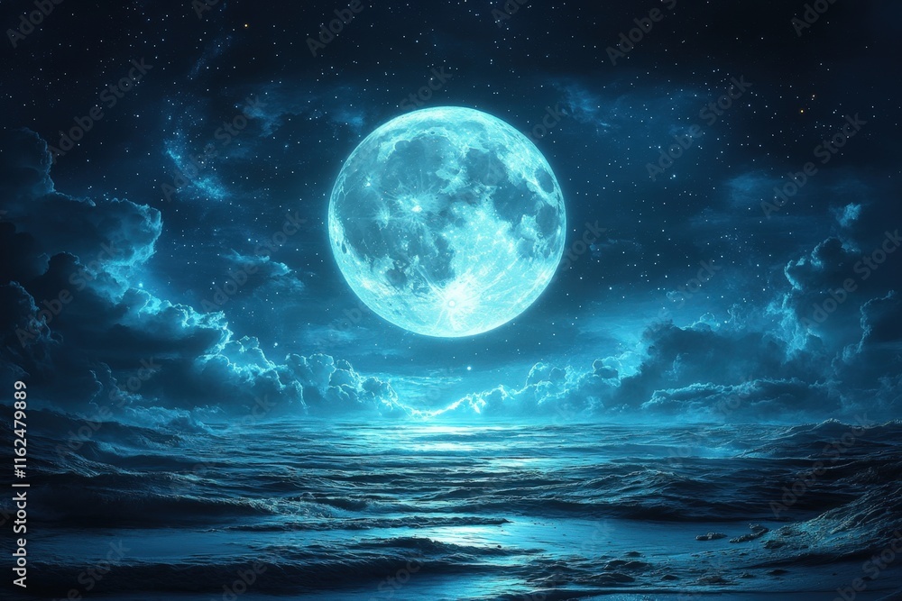 Full blue moon over tranquil ocean at night. Full blue moon over tranquil ocean at night.