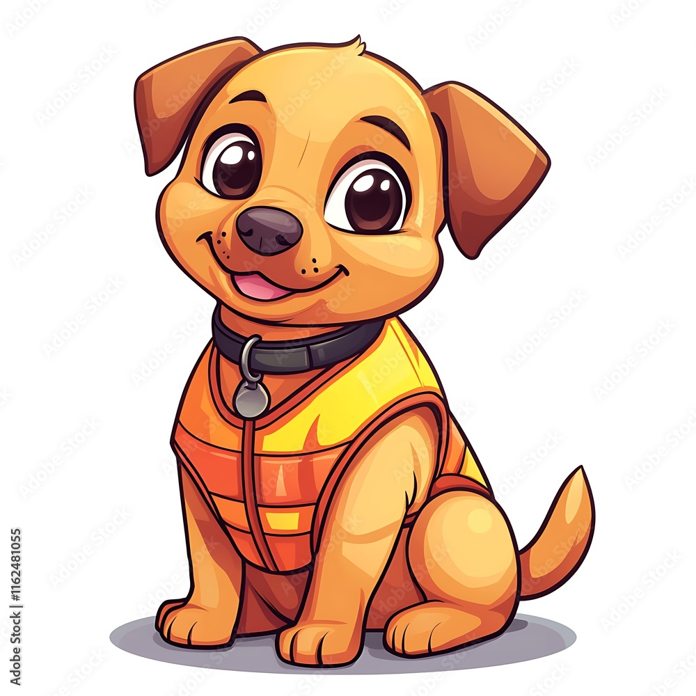 Adorable Cartoon Dog Wearing a Safety Vest, Sitting and Smiling. Adorable Cartoon Dog Wearing a Safety Vest, Sitting and Smiling.