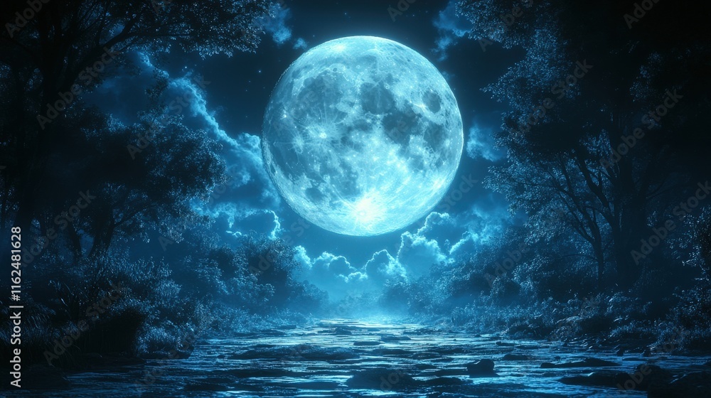 Fototapeta premium Full blue moon over a tranquil forest path at night.