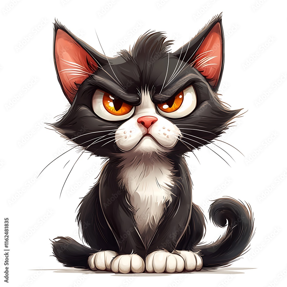 Obraz premium Grumpy Cartoon Cat with Intense Orange Eyes Sitting Isolated on White Background.