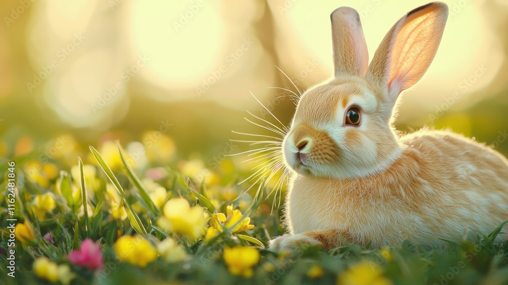 Fototapeta premium A Serene Rabbit Resting on a Sunlit Meadow Surrounded
