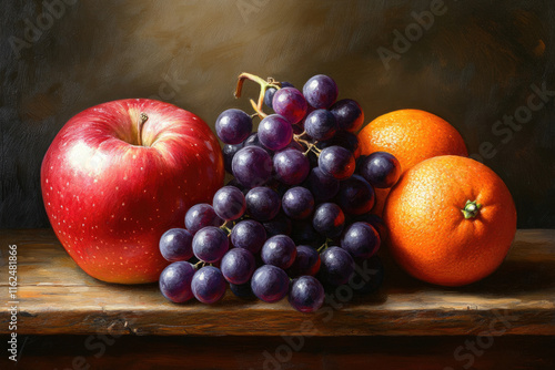 Still life painting of a red apple, bunch of purple grapes, and two oranges on a wooden surface. photo