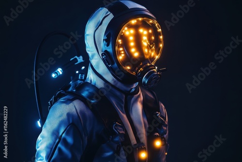 Futuristic astronaut with illuminated helmet exploring a cosmic environment in darkness photo