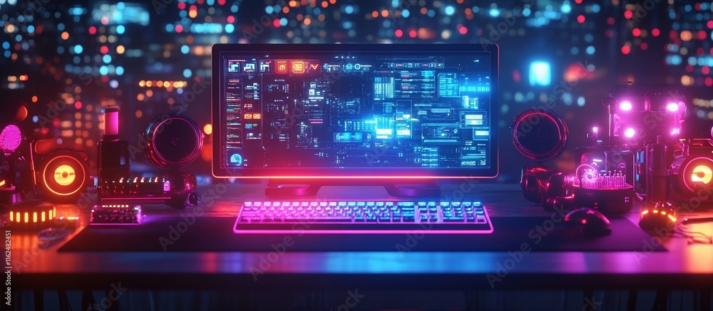 Fototapeta premium Neon Nights: Cyberpunk Gaming Setup