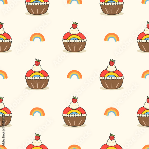 Cupcake rainbow cartoon so cute. On rainbow strawberry background. Pattern seamless vector illustration. 