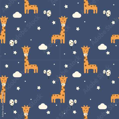 Giraffe cartoon so cute. On cloud star tree blue background. Pattern seamless vector illustration. 