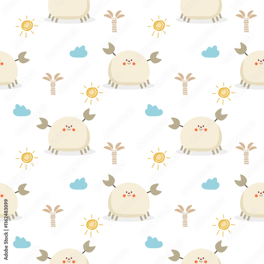 Fototapeta premium Crab cartoon so cute. On cloud tree sun white background. Pattern seamless vector illustration. 