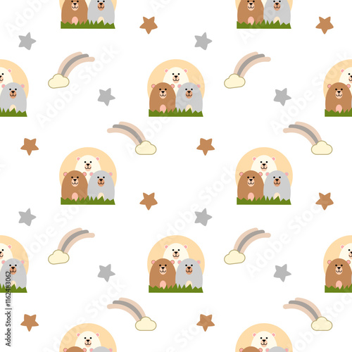 Three brothers bear cartoon so cute. On rainbow star grass white background. Pattern seamless vector illustration. 
