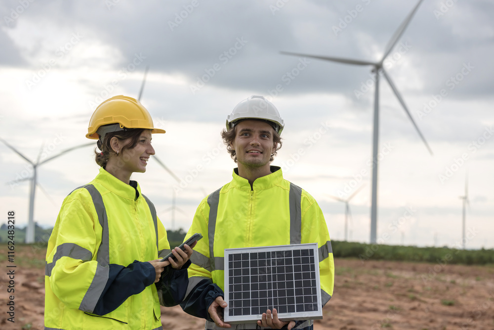 Engineering holding Solar panel. Engineers survey and checking wind turbines in sunset. Wind Turbine Renewable energy technology and sustainability. Engineering holding Solar panel. Engineers survey and checking wind turbines in sunset. Wind Turbine Renewable energy technology and sustainability.