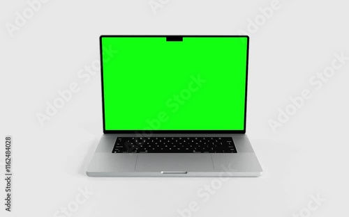  Laptop with blank green screen isolated on white background. Macbook blank green screen mockup. 60fps 4k UHD video	
