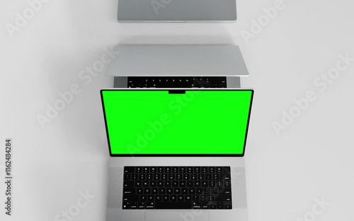  Laptop with blank green screen isolated on white background. Macbook blank green screen mockup. 60fps 4k UHD video	
