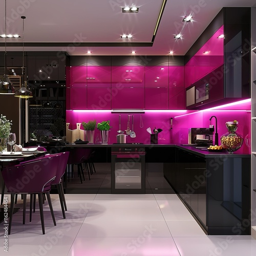 Modern kitchen interior in viva magenta and black color, trending of 2023. Generative AI photo