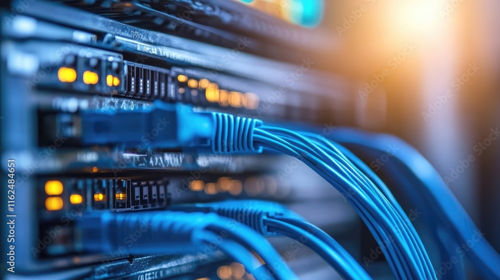 Naklejka premium Close-up of network cables connected to a server rack