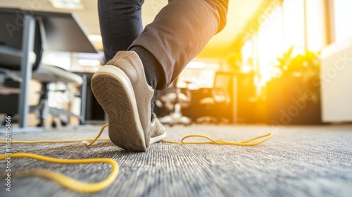 Close-up of a businessman stumbling over an electrical cord in the office, highlighting the potential hazards of office environments and the importance of safety and awareness in the workplace