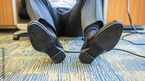 Close-up of a businessman stumbling over an electrical cord in the office, highlighting the potential hazards of office environments and the importance of safety and awareness in the workplace photo