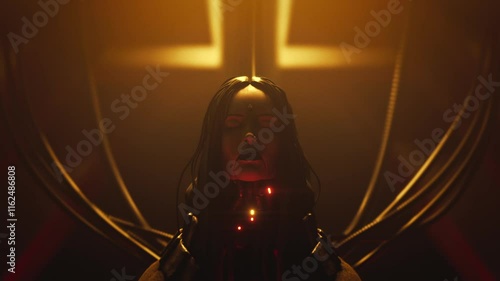 Portrait of a sad cyborg girl with long dark hair, metal grunge wires on neck, closed eyes, connected to internet with wires on back. Volumetric yellow light in futuristic night interior. 3d animation