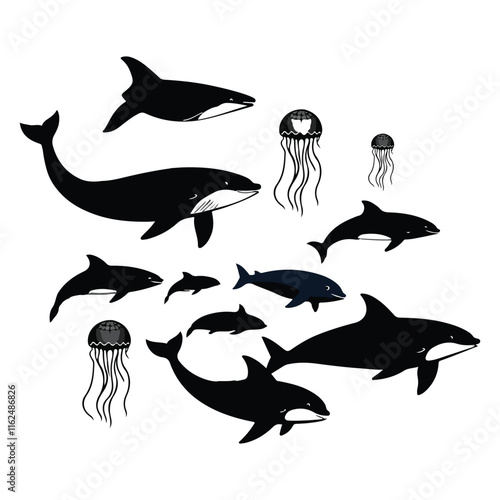 A collection of vector illustrations of sea animals, including whales, dolphins, and jellyfish, isolated on a white background