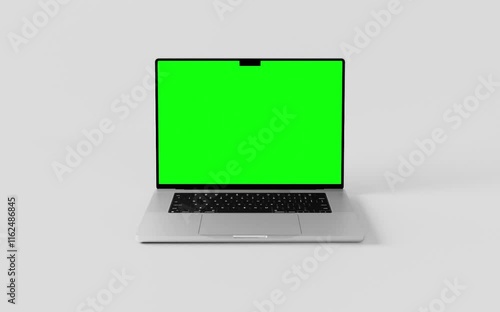  Laptop with blank green screen isolated on white background. Macbook blank green screen mockup. 60fps 4k UHD video	