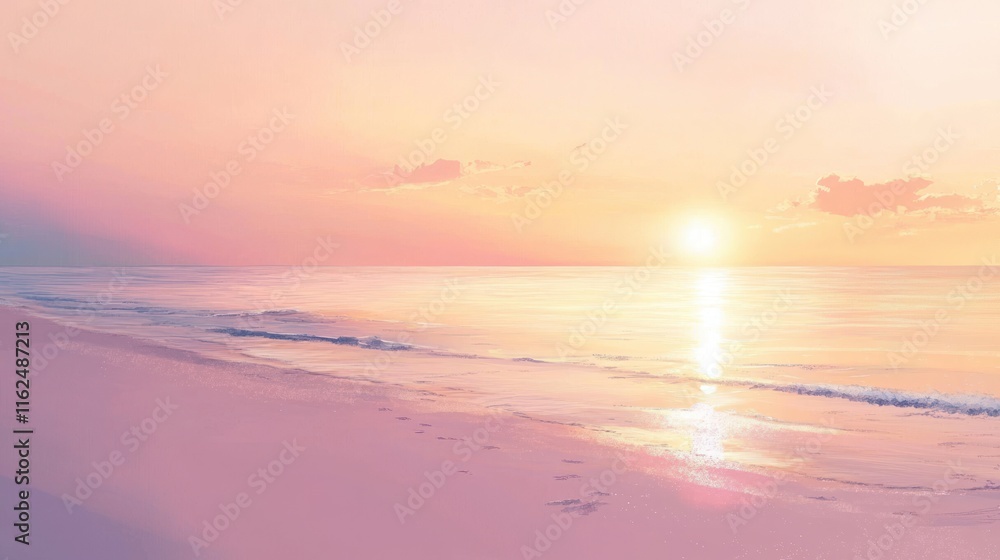 Obraz premium Serene Sunset Over Pink Sandy Beach Ocean