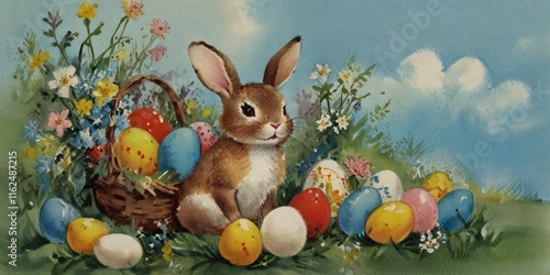 An Easter card with the Easter Bunny that brings eggs on Easter