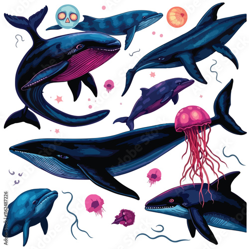 A collection of vector illustrations of sea animals, including whales, dolphins, and jellyfish, isolated on a white background