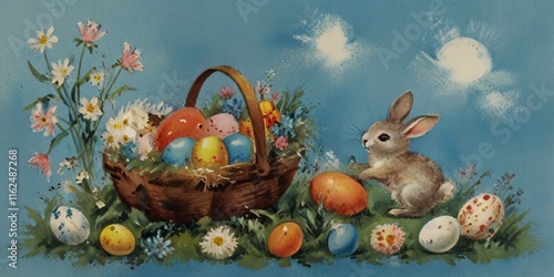 an Easter card, The bunny is peeking at the eggs in the basket