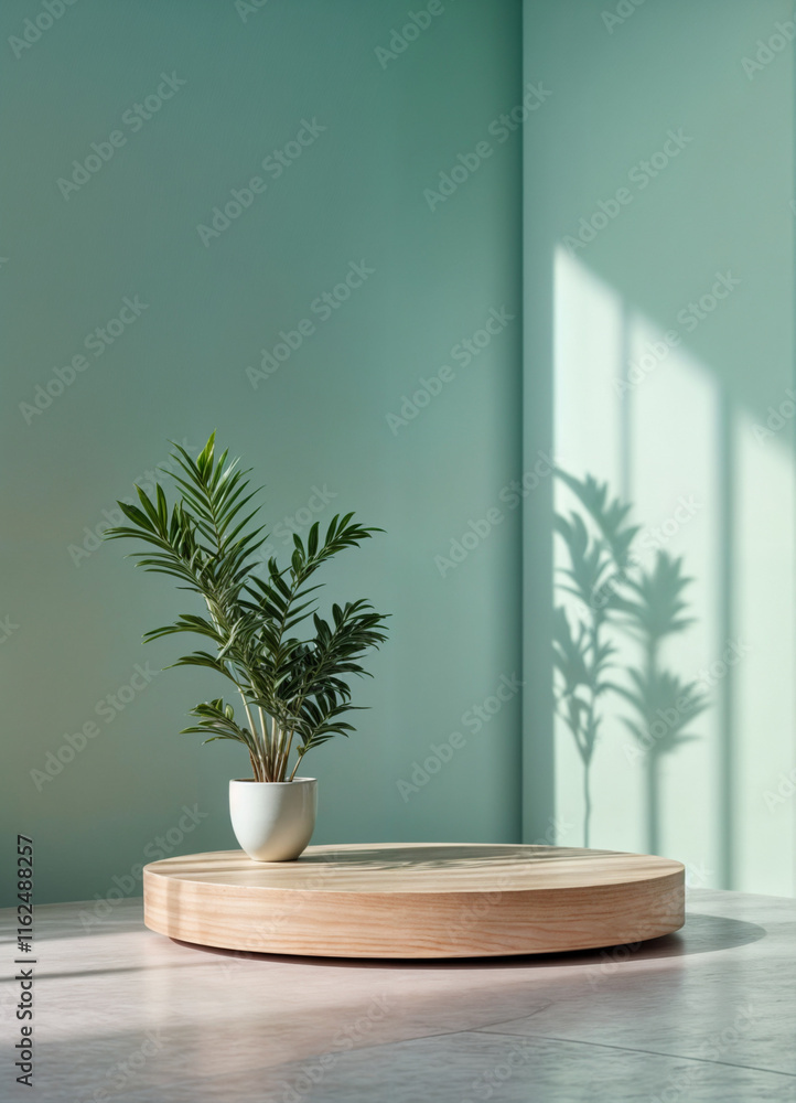 A minimalist setting features a wooden platform and a potted plant against a light green wall, highlighted by the play of sunlight and shadows, creating a tranquil, contemporary space. A minimalist setting features a wooden platform and a potted plant against a light green wall, highlighted by the play of sunlight and shadows, creating a tranquil, contemporary space.