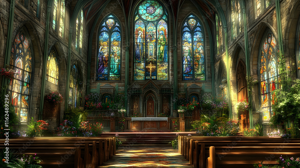 Obraz premium Serene church interior bathed in sunlight, showcasing stunning stained-glass windows and floral arrangements. Ideal for faith, peace, or spirituality concepts.