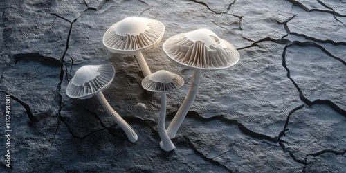 High-detail 3D render of mushrooms growing from a cracked stone surface, illuminated by soft ambient light photo