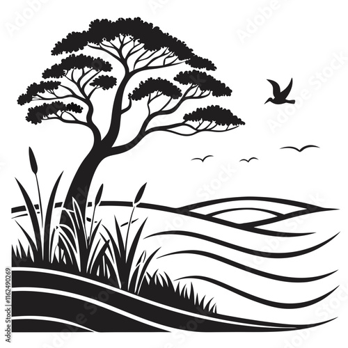 Shallow Lagoon vector silhouette black design white background