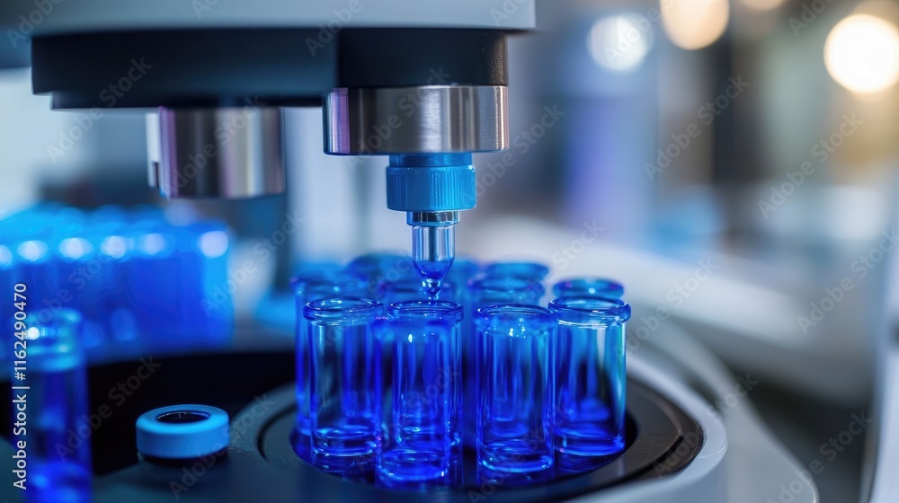 Automated Pharmaceutical Production Line Filling Vials with Blue Liquid Automated Pharmaceutical Production Line Filling Vials with Blue Liquid