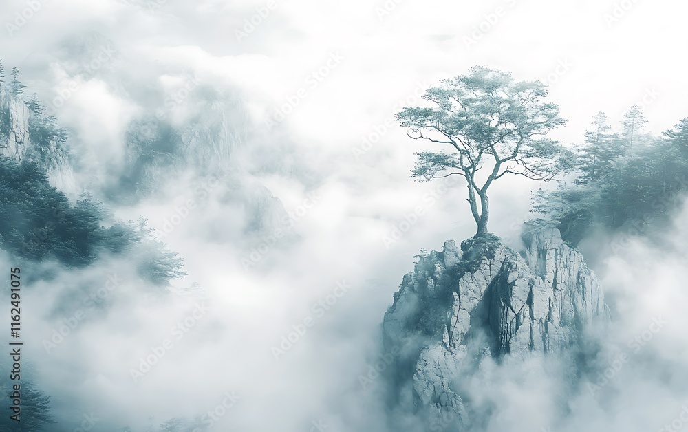 Solitary tree atop a misty mountain peak, serene landscape. Solitary tree atop a misty mountain peak, serene landscape.