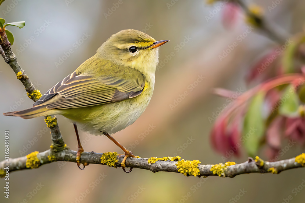 Obraz premium Chiffchaff perched on a lichen-covered branch in springtime.