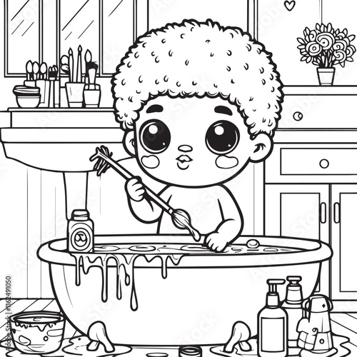 coloring book cute boy clean the bath up