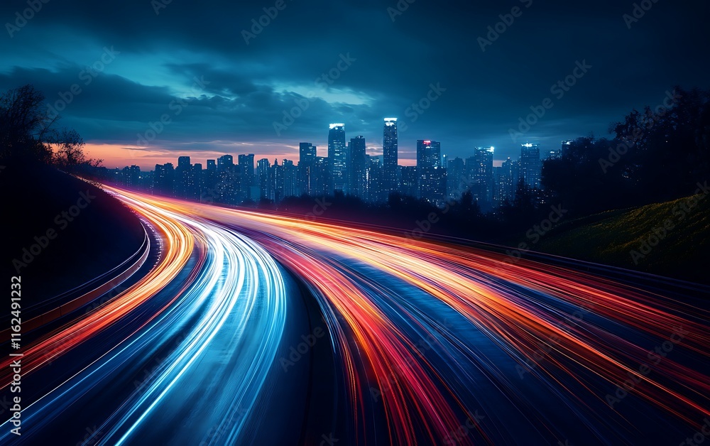 Night city skyline with light trails on a highway. Night city skyline with light trails on a highway.
