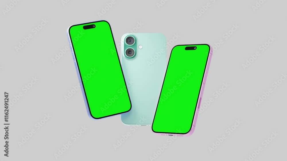 Smartphone with a blank green screen on a white background. Mobile mockup video on a green background. Smartphone with a blank green screen on a white background. Mobile mockup video on a green background.