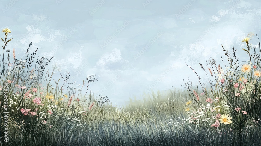 Fototapeta premium Serene Wildflower Meadow Under a Pale Sky