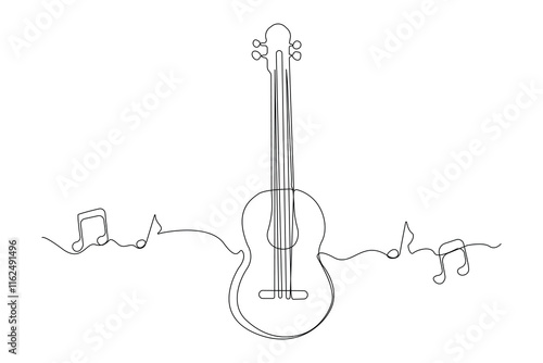 Hand-drawn guitar musical instrument one line drawing. Music concept line art background