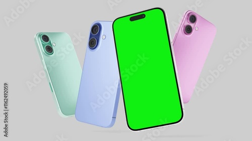 Smartphone with a blank green screen on a white background. Mobile mockup video on a green background.