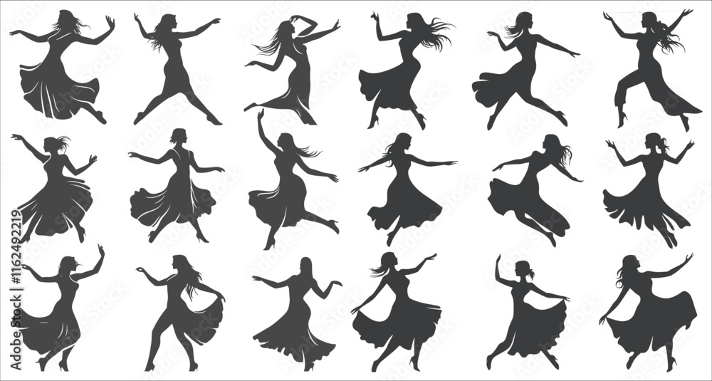 Obraz premium Silhouettes of woman dancing celebration, Silhouettes of female ballet dancers, Beautiful women dancing in silhouettes vector, Black and white silhouettes of women dancing, Female Dancers Silhouettes
