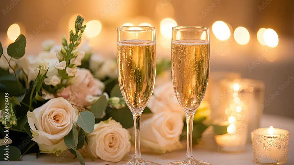 Candlelit elegance with two champagne glasses and a floral centerpiece, evoking romance and celebration Candlelit elegance with two champagne glasses and a floral centerpiece, evoking romance and celebration