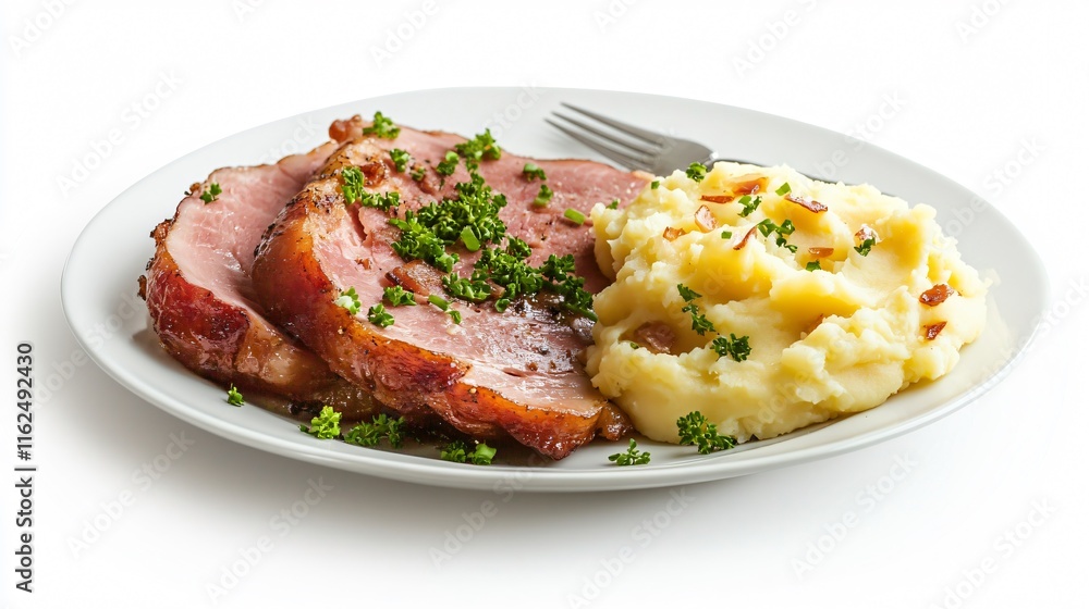 Glazed ham and mashed potatoes served on a white ceramic plate, isolated on a clean white background with a silver fork as decor
