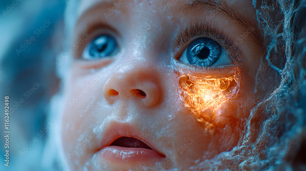 Fototapeta premium Close-up of a baby with glowing skin and illuminated anatomical structures. Hyperrealistic and artistic representation of life and energy