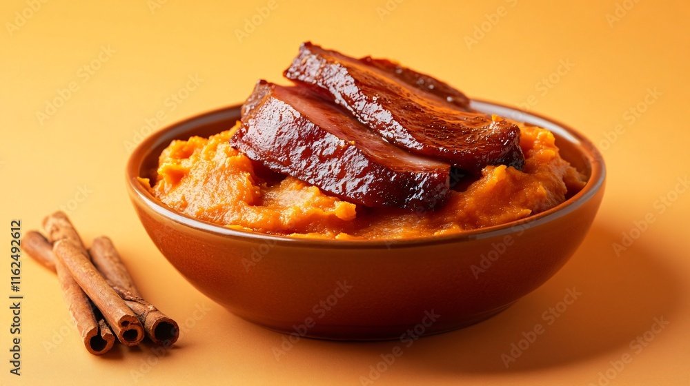 Glazed ham and sweet potato mash, isolated on a sunny orange background with cinnamon sticks as decorative accents Glazed ham and sweet potato mash, isolated on a sunny orange background with cinnamon sticks as decorative accents