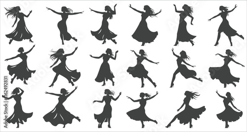 Silhouettes of woman dancing celebration, Silhouettes of female ballet dancers, Beautiful women dancing in silhouettes vector, Black and white silhouettes of women dancing, Female Dancers Silhouettes