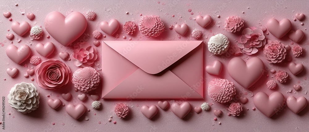 A pink envelope surrounded by hearts and flowers, symbolizing love and affection. A pink envelope surrounded by hearts and flowers, symbolizing love and affection.