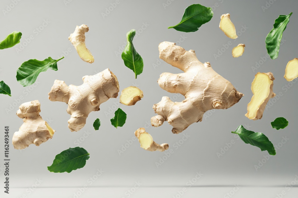 Fototapeta premium Fresh Ginger Roots and Green Leaves Floating in Air Against a Light Gray Background
